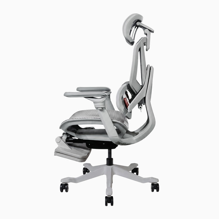 Desky Contourra ergonomischer Bürostuhl in Weiß mit eingeklappter Fußstütze